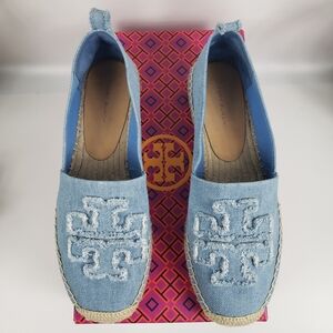 Tory Burch Blue Denim Espadrille Raffia Flat Slipper Double T Chambray sz 8